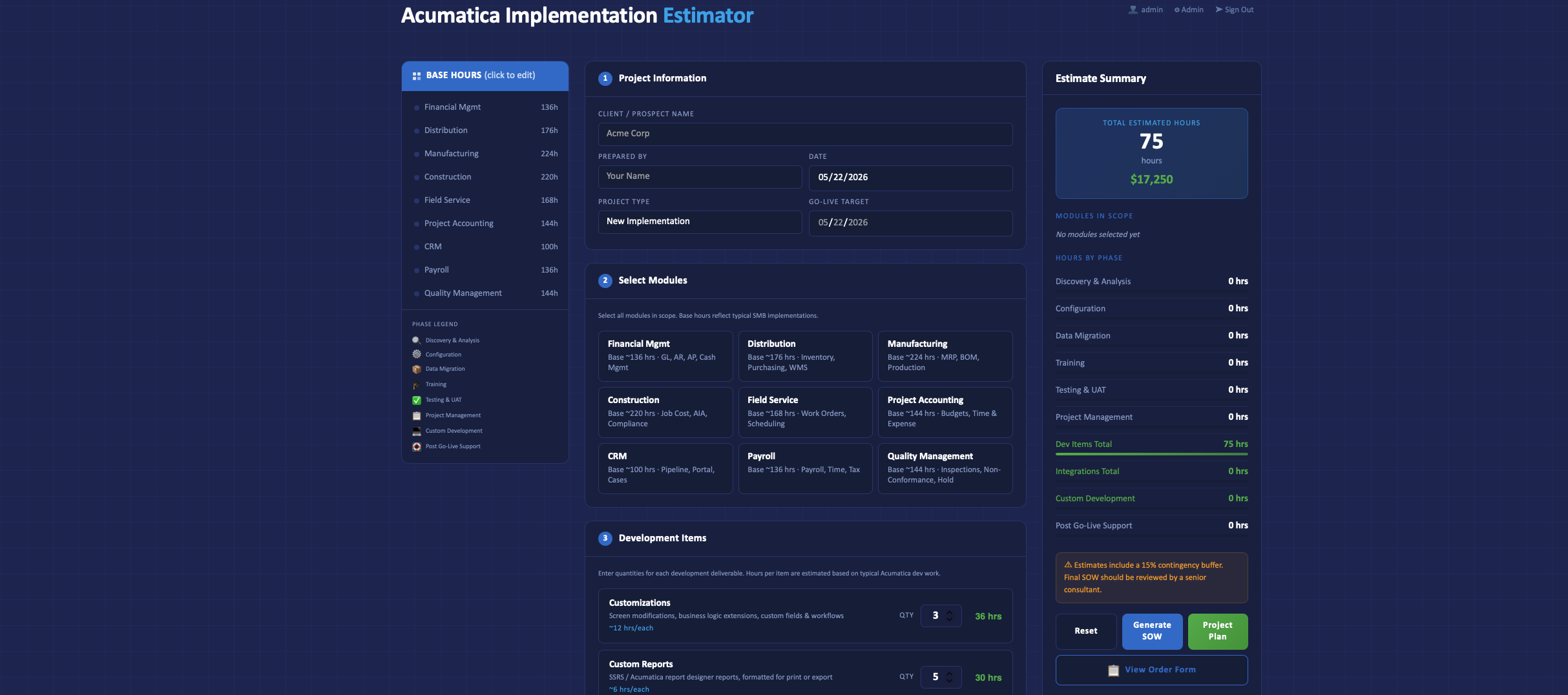 Acumatica Implementation Estimator — project scoping tool