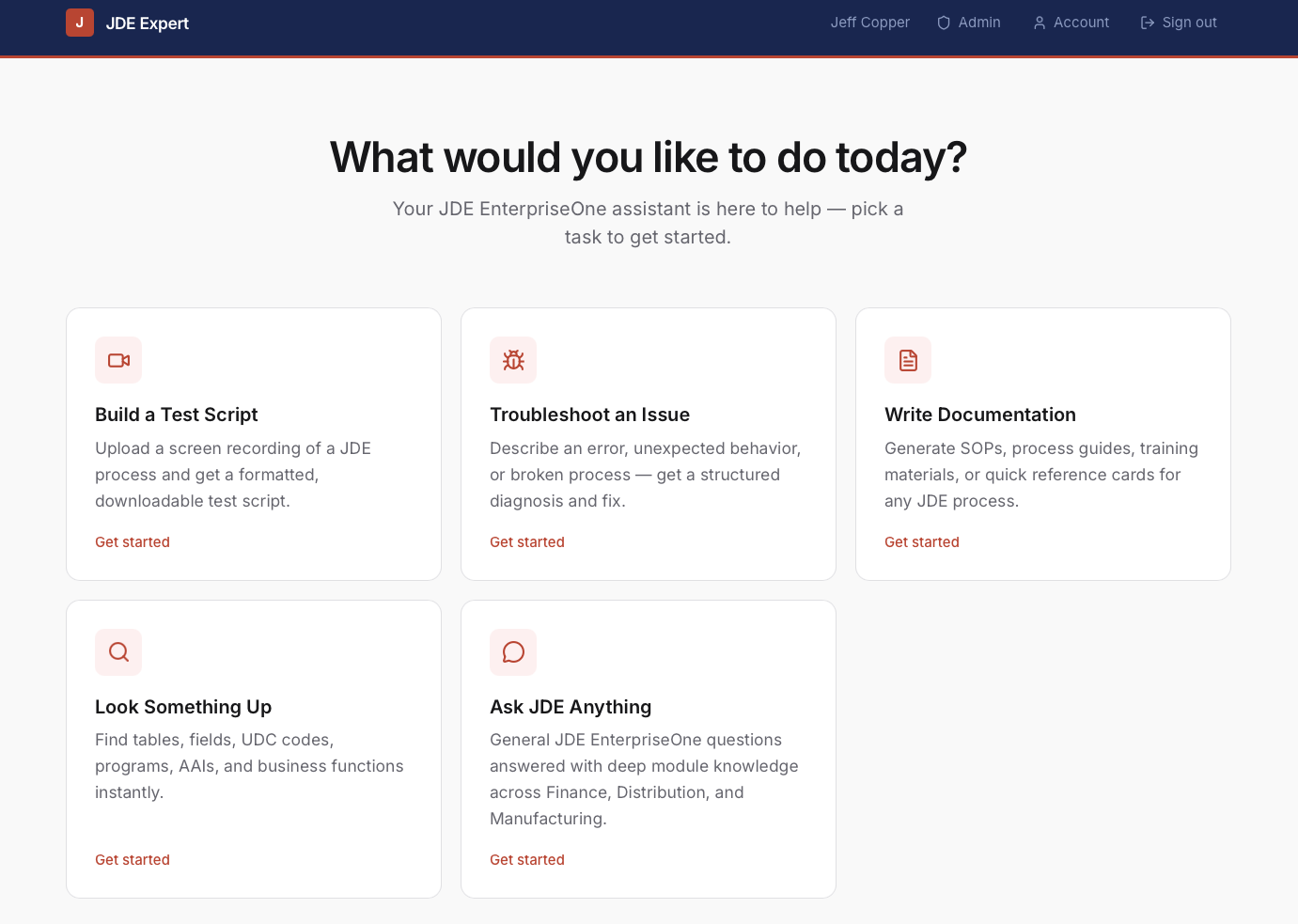 JDE Expert — JDE EnterpriseOne AI assistant interface